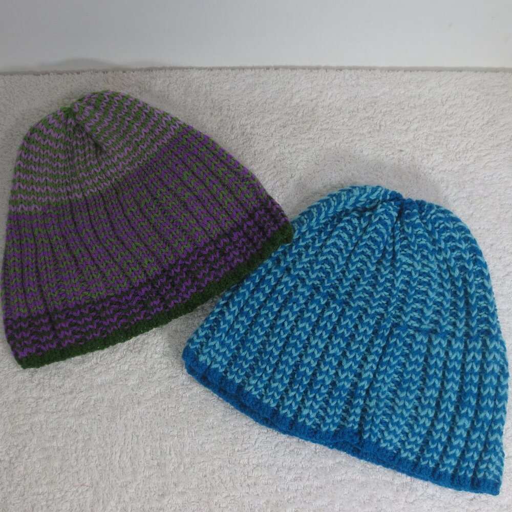 NEW No Brand Knit Hats Lot of 2 Multi Blue Purple Green Cozy Acrylic Unisex OSM